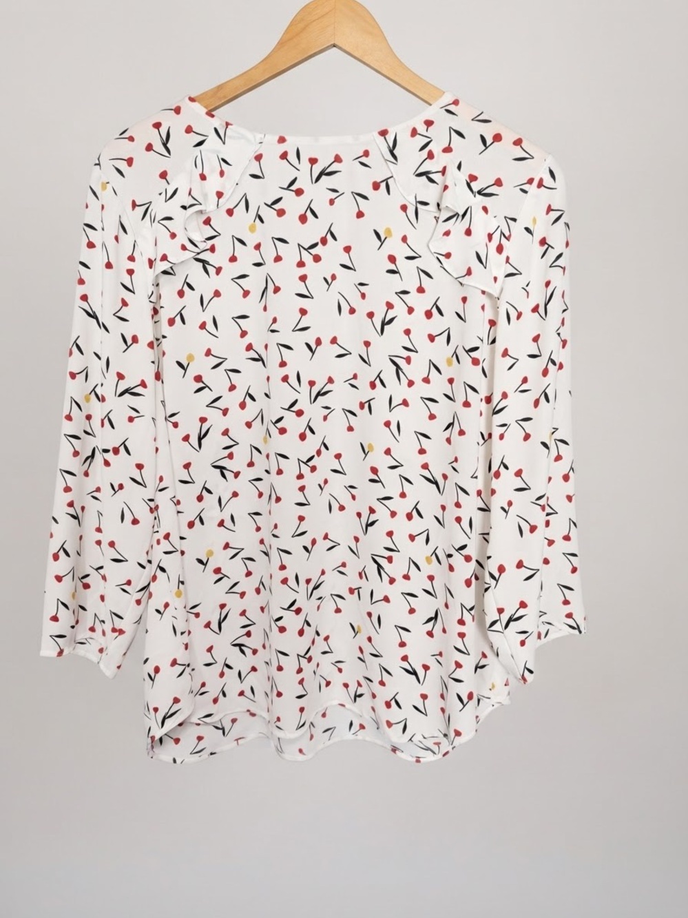 Van Heusen White Long-Sleeve Top - Red Cherry Print and Ruffle Shoulder Accents